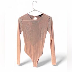 Forever 21 Nude Sheer Mesh Rhinestone Bodysuit – Open Back, Long Sleeve Size M